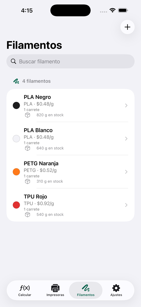 Filamentos con stock y costo por gramo